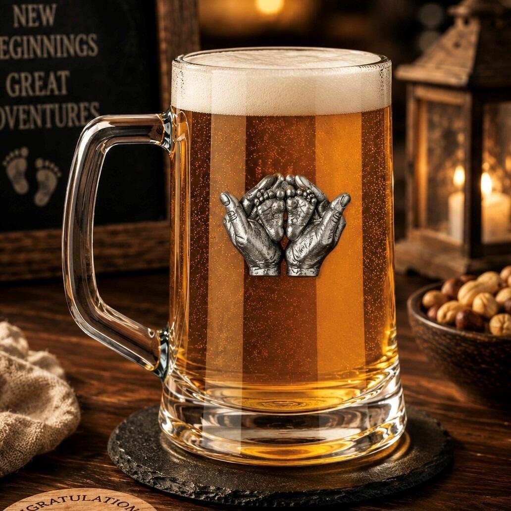 A clear glass beer tankard filled with amber ale and a thick foamy head, featuring a detailed silver pewter emblem of adult hands cradling tiny baby feet, perfect for a new parent or baby celebration gift