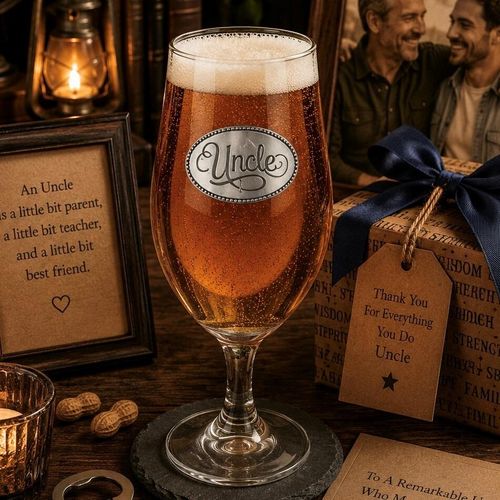 A Stemmed Pint Beer Glass with a Pewter Uncle badge on the front, filled with Beer