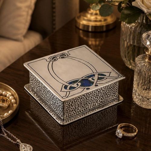 SQUARE ARCHIBALD KNOX ENAMELED BOX featuring an antique Archibald Knox pewter trinket box for Liberty & Co. with a blue and green enamel Art Nouveau Celtic knotwork lid
