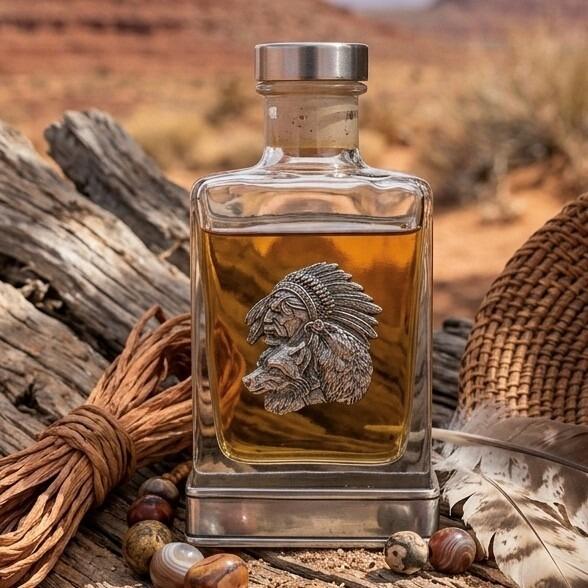A glass flask with a pewter base and a handcrafted pewter Native American emblem on the front