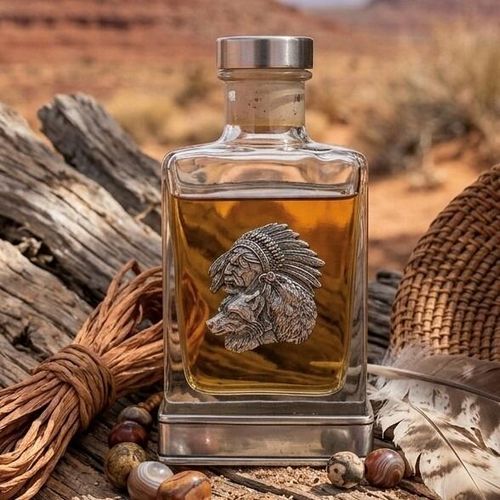 A glass flask with a pewter base and a handcrafted pewter Native American emblem on the front