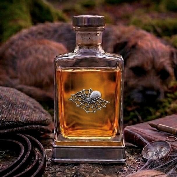 A glass flask with a pewter base and a handcrafted pewter spider emblem on the front