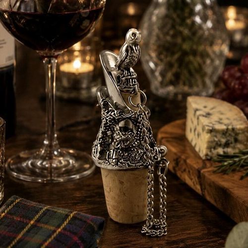 Pewter wine pourer and cork stopper topped with a sculpted owl figurine and detailed branch engravings, displayed on a wooden table beside a glass of red wine, cheese, and a tartan cloth