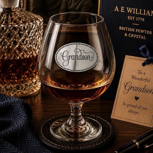 Crystal brandy glass with A E Williams pewter "Grandson" emblem, partially filled with amber liquid