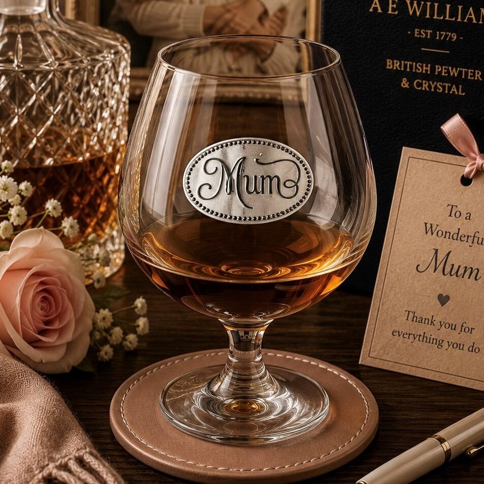 Elegant crystal brandy glass with pewter "Mum" badge, partially filled with amber liquid