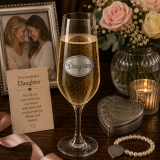 A Champagne Flute with a Pewter Daughter badge on the front, filled with Champagne