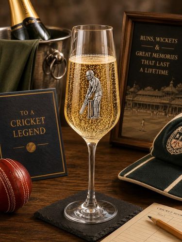 A Champagne Flute with a Pewter Cricketer badge on the front, filled with Champagne
