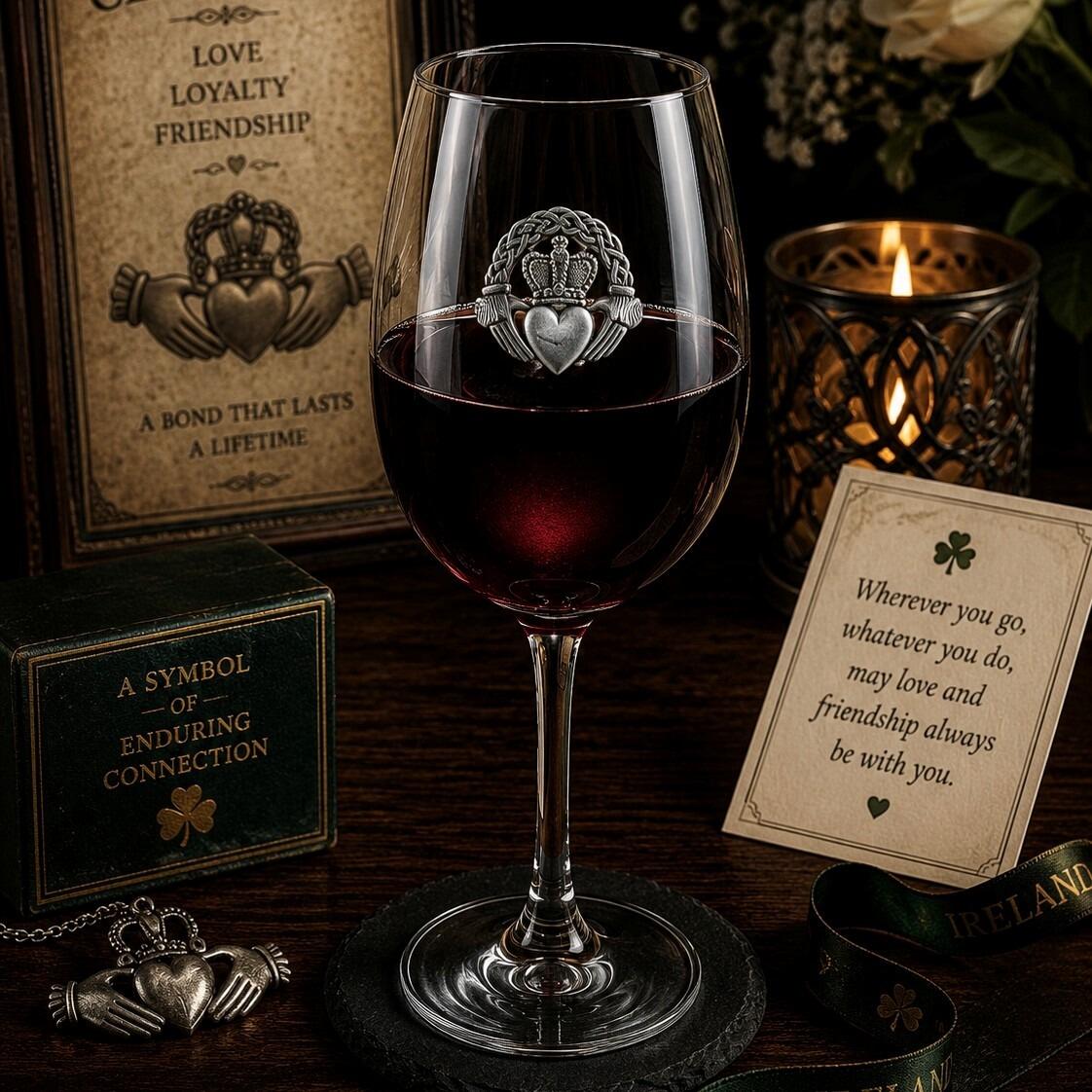 Wine glass with handcrafted pewter Claddagh badge filled with red wine