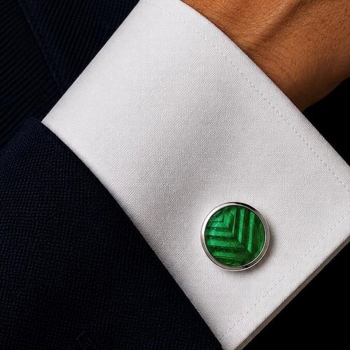 Pair of handmade pewter cufflinks with geometric green enamelled stripe pattern design