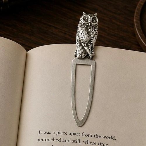 Handcrafted pewter owl metal clip bookmark resting on open book page