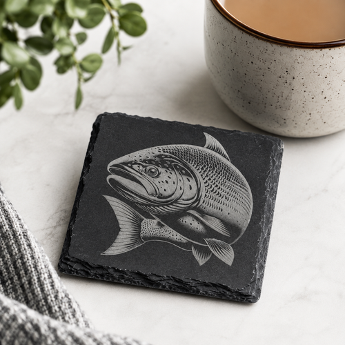 Laser engraved salmon slate coaster displayed on a modern stone surface with a coffee mug, Scottish fishing gift and wildlife home décor