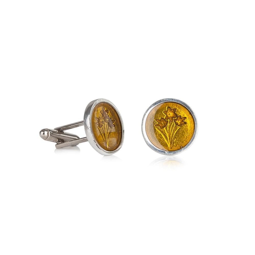 Handcrafted pewter cufflinks with detailed daffodil design embossed in transparent yellow enamel