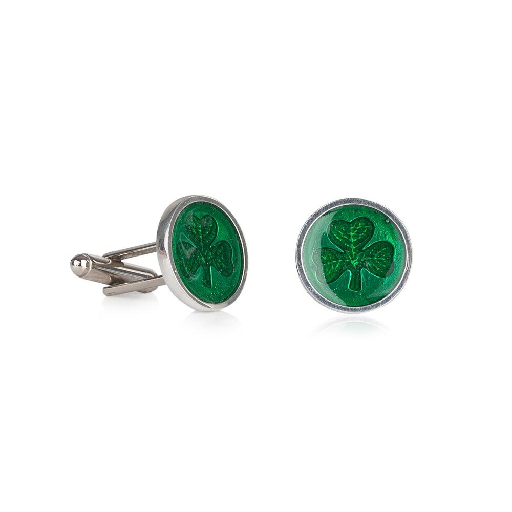 Handcrafted pewter cufflinks with intricate shamrock design embossed in transparent emerald enamel