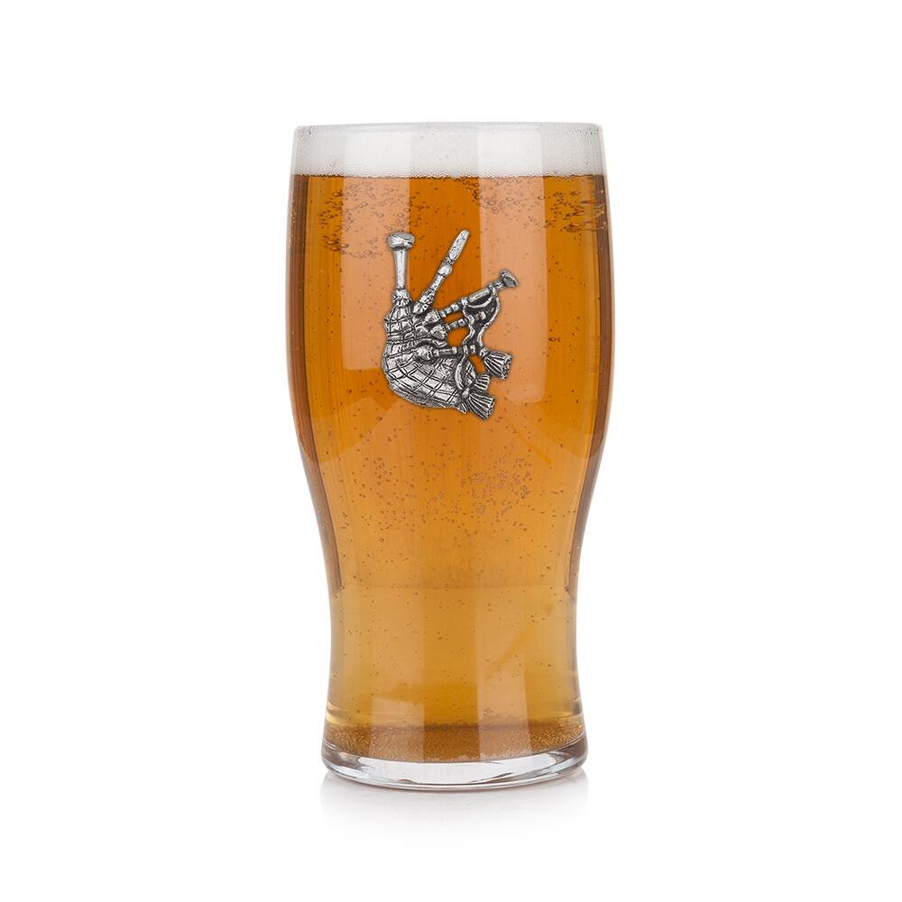 Pint glass with handmade pewter bagpipes with detailed tassels badge filled with golden beerRetryClaude can make mistakes. Please double-check responses.