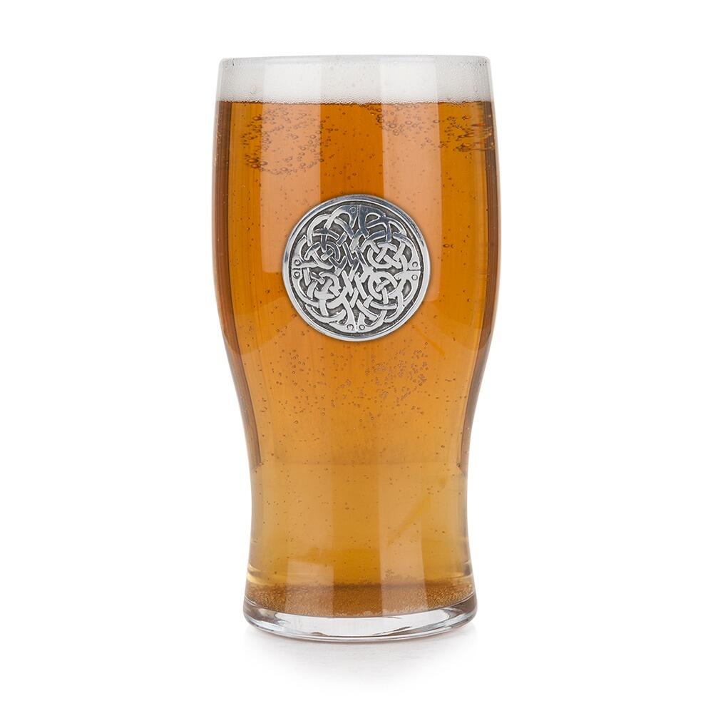 Pint glass with handmade pewter never ending knot with detailed interwoven Celtic patterns badge filled with golden beerRetryClaude can make mistakes. Please double-check responses.