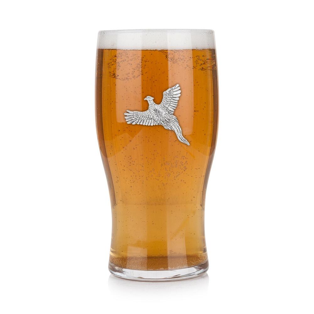 Pint glass with handmade pewter pheasant badge filled with golden beerRetryClaude can make mistakes. Please double-check responses.