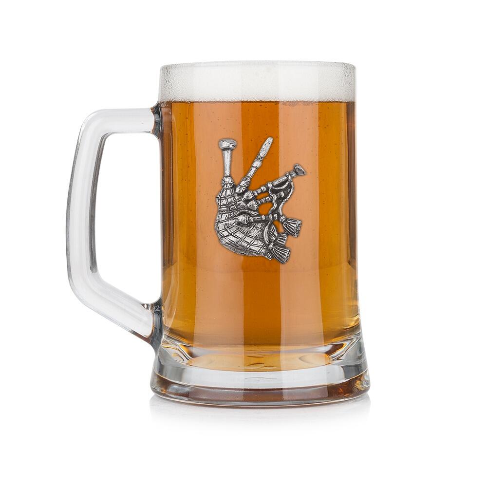 A Beer Tankard with a Pewter Bagpipes badge on the front, filled with Amber BeerRetryClaude can make mistakes. Please double-check responses.