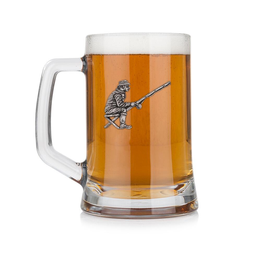 A Beer Tankard with a Pewter Fishing badge on the front, filled with Amber BeerRetryClaude can make mistakes. Please double-check responses.