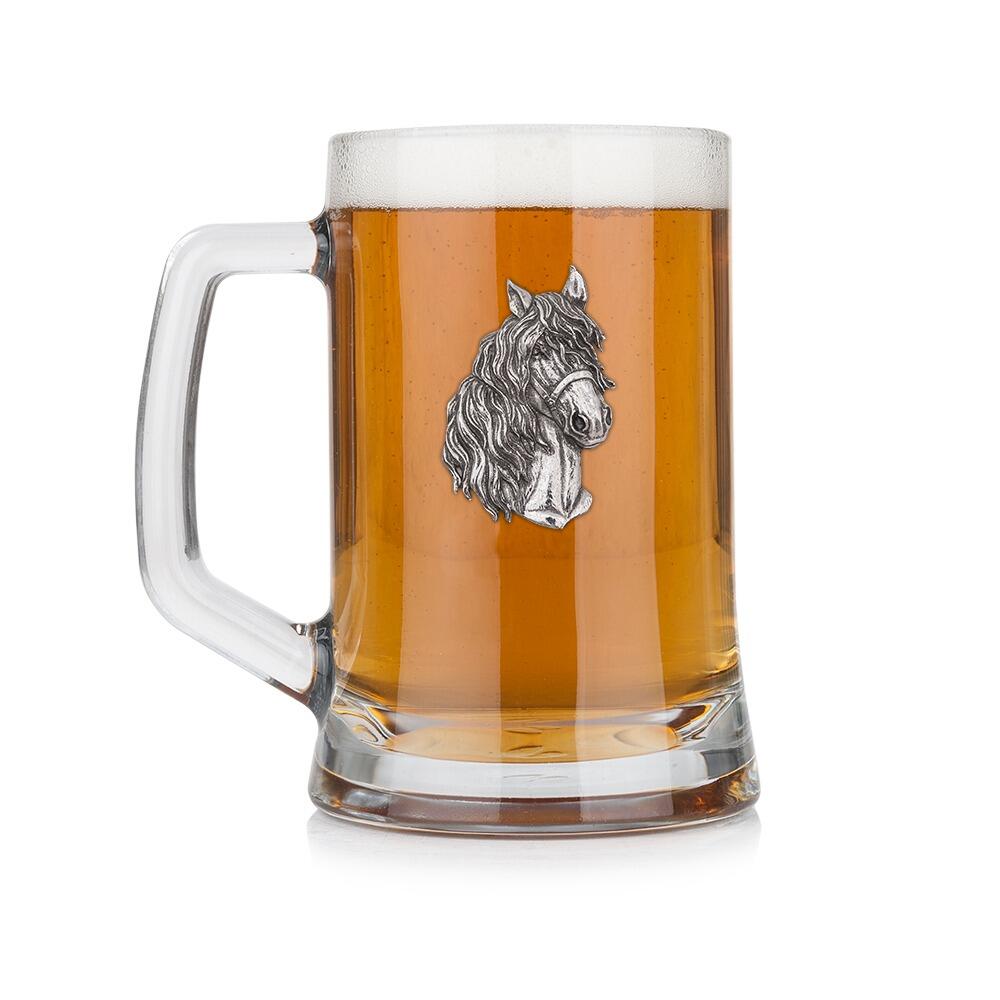 A Beer Tankard with a Pewter Horse badge on the front, filled with Amber BeerRetryClaude can make mistakes. Please double-check responses.