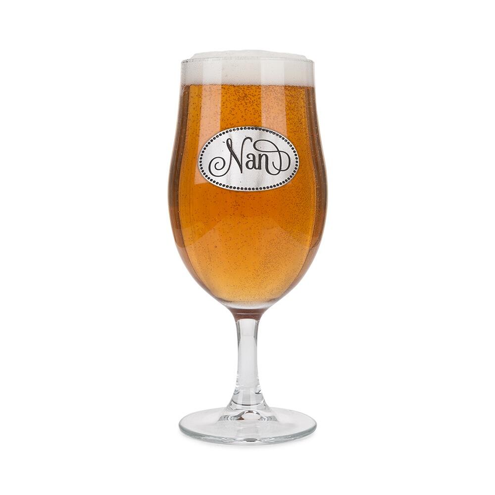 A Stemmed Pint Beer Glass with a Pewter Nan badge on the front, filled with Beer