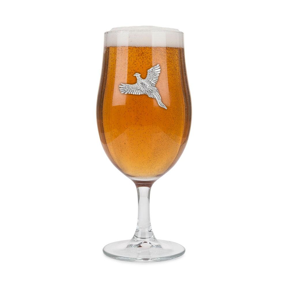 A Stemmed Pint Beer Glass with a Pewter Pheasant badge on the front, filled with Beer