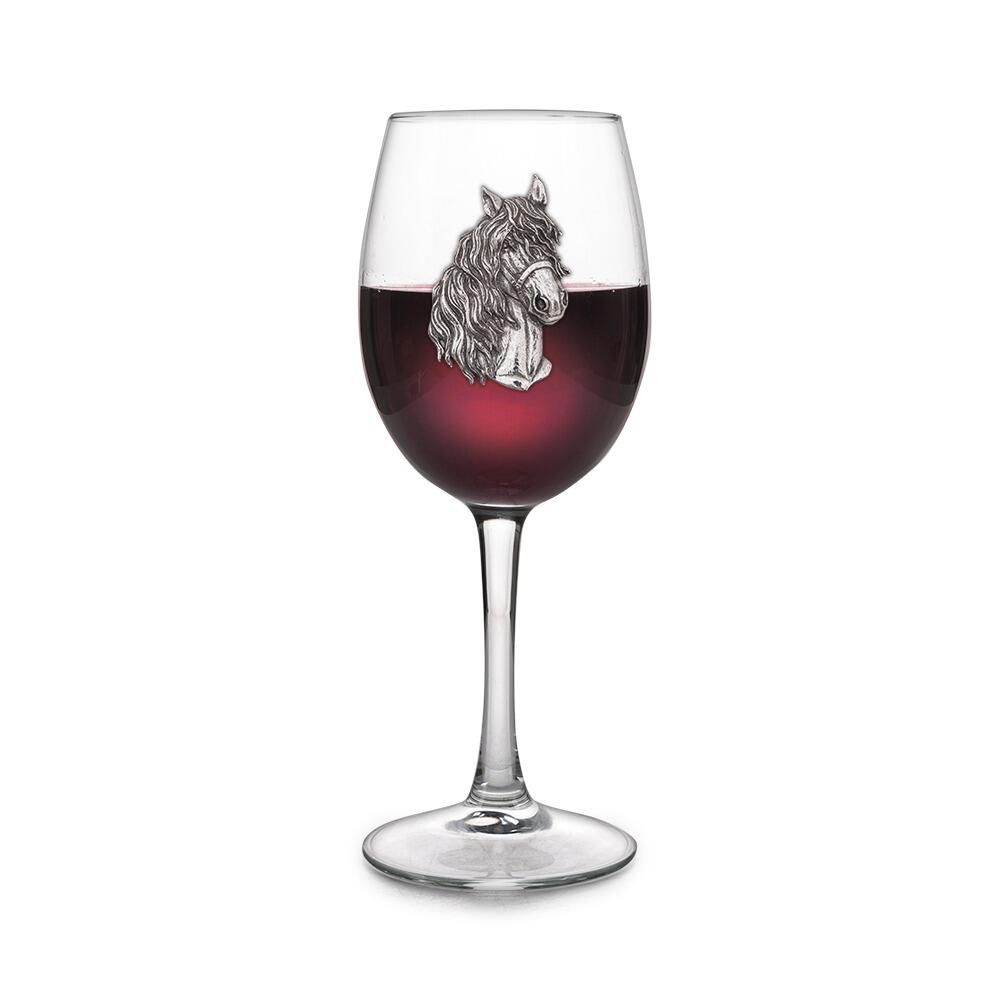 Wine glass with handcrafted pewter Horse badge filled with red wine