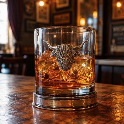 A lowball glass whisky tumbler filled with neat amber spirits, standing on a thick, polished pewter base. The front of the glass is adorned with a detailed pewter relief emblem of a shaggy Highland cow's head with long, upward-curving horns