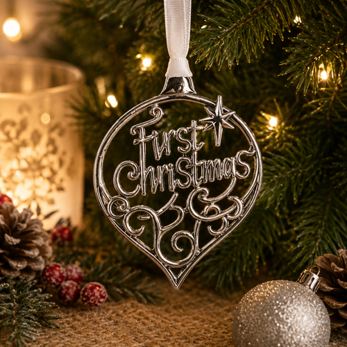 Handcrafted pewter First Christmas ornament with elegant filigree scrollwork and star detail, hanging on a festive Christmas tree with warm holiday lights and seasonal decorations.