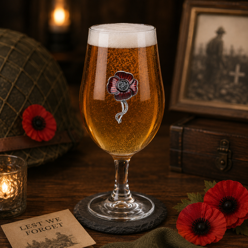 Handcrafted pewter Lest We Forget poppy beer goblet filled with golden ale, displayed in a remembrance-themed setting with red poppies, military memorabilia, candlelight and vintage wartime décor.