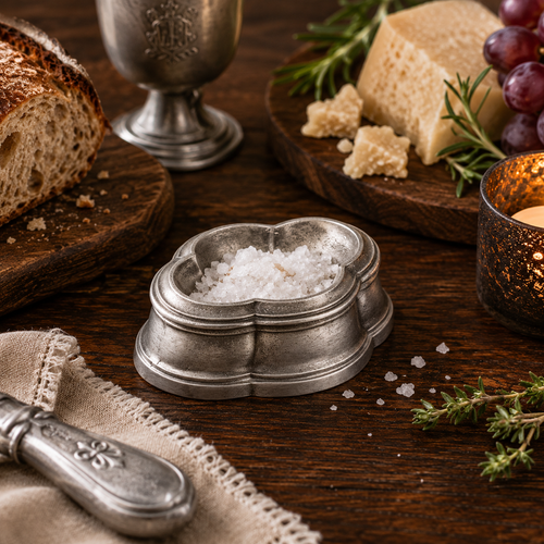 Handcrafted pewter Bavarian salt dish in antique satin finish filled with coarse sea salt on a rustic farmhouse table with artisan bread, aged cheese, walnuts and traditional pewter tableware in warm ambient light
