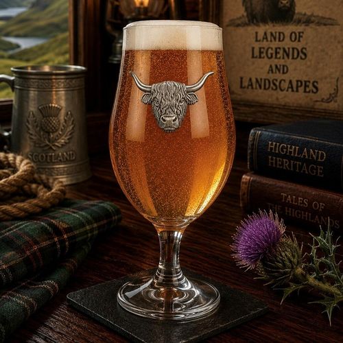 A stemmed beer chalice glass filled with golden ale and a frothy white head, featuring a raised pewter Highland cow emblem with detailed horns and shaggy fur