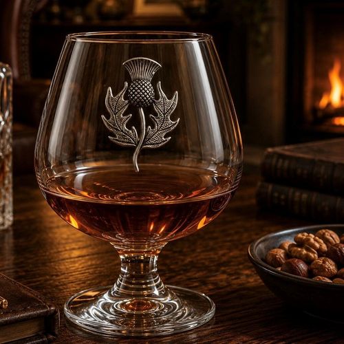 A short-stemmed clear glass brandy snifter filled with amber brandy, resting on a rustic wooden table. The front of the glass bowl is adorned with a detailed pewter relief emblem showing a traditional Scottish thistle, featuring a textured cross-hatched flower head and two flanking spiky leaves