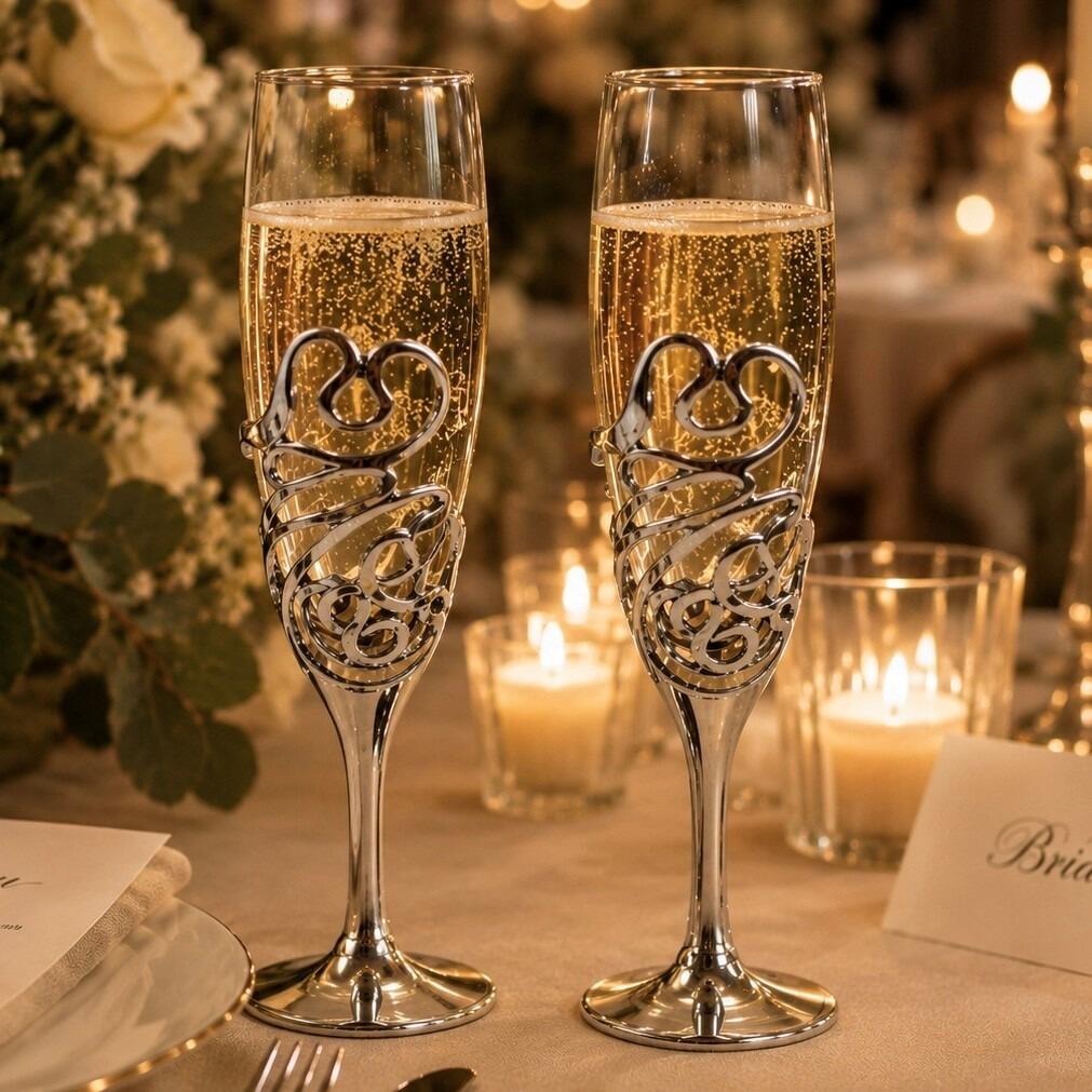 A pair of elegant champagne flutes filled with bubbling champagne, standing side-by-side on a white tablecloth. The lower half of each glass bowl is encased in a matching, intricate pewter metal holder featuring an abstract, openwork design of fluid swirls and overlapping loops