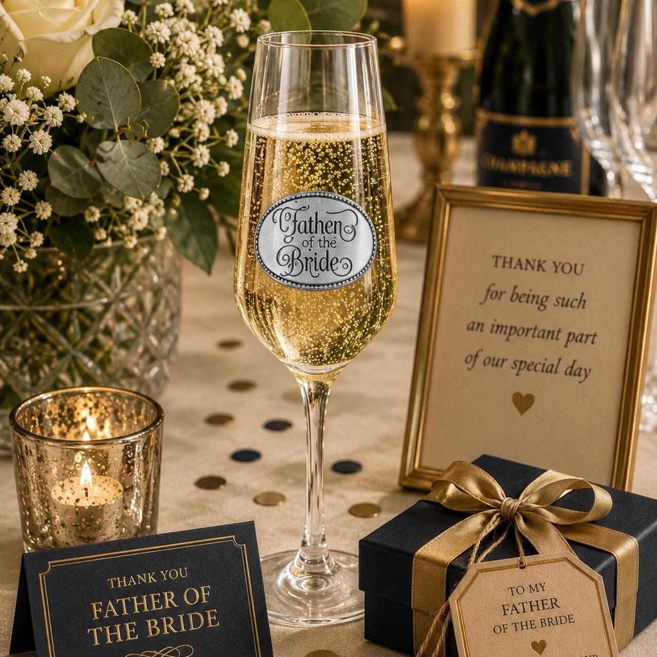 A clear champagne flute glass filled with bubbling champagne, featuring an oval pewter emblem engraved with 'Father of the Bride' in elegant script lettering