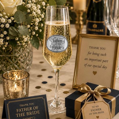 A clear champagne flute glass filled with bubbling champagne, featuring an oval pewter emblem engraved with 'Father of the Bride' in elegant script lettering