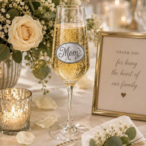 A clear champagne flute glass filled with bubbling champagne, featuring an oval pewter emblem engraved with 'Mom' in elegant script lettering