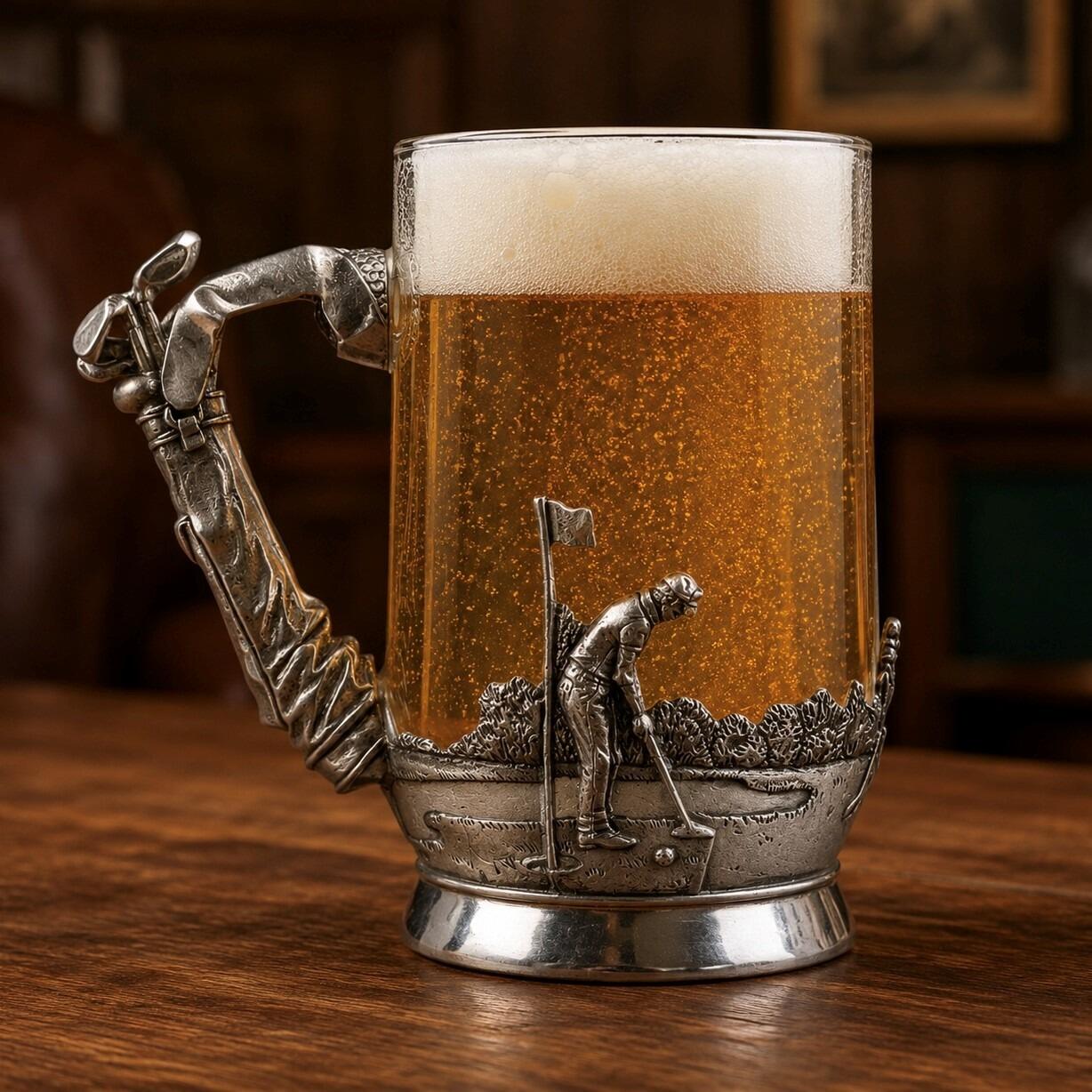A Pewter Golf Tankard full of Amber beer