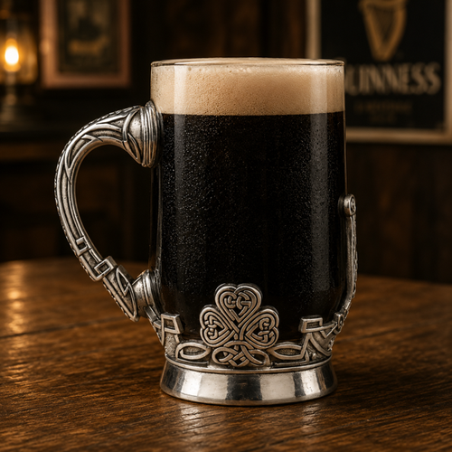 A clear glass beer mug filled with dark stout or ale featuring a thick, frothy tan foam head, resting on a rustic wooden table. The mug is fitted with an intricate pewter wrap and an elegant, arched handle detailed with geometric patterns. The front of the pewter wrap displays a high-relief, three-leaf shamrock intricately detailed with internal Celtic knotwork, set directly above a triquetra or Trinity knot and flanked by stylized structures reminiscent of traditional Irish harps