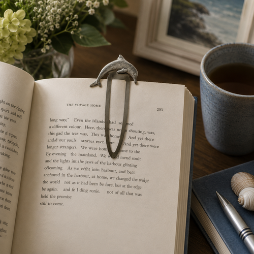 Handcrafted pewter dolphin bookmark fitted over the page of an open book in a coastal-inspired reading nook with a cup of tea, seashells and soft natural light