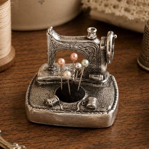 Vintage-style pewter miniature sewing machine pincushion with a black fabric cushion on the base holding five colorful pearl-head pins