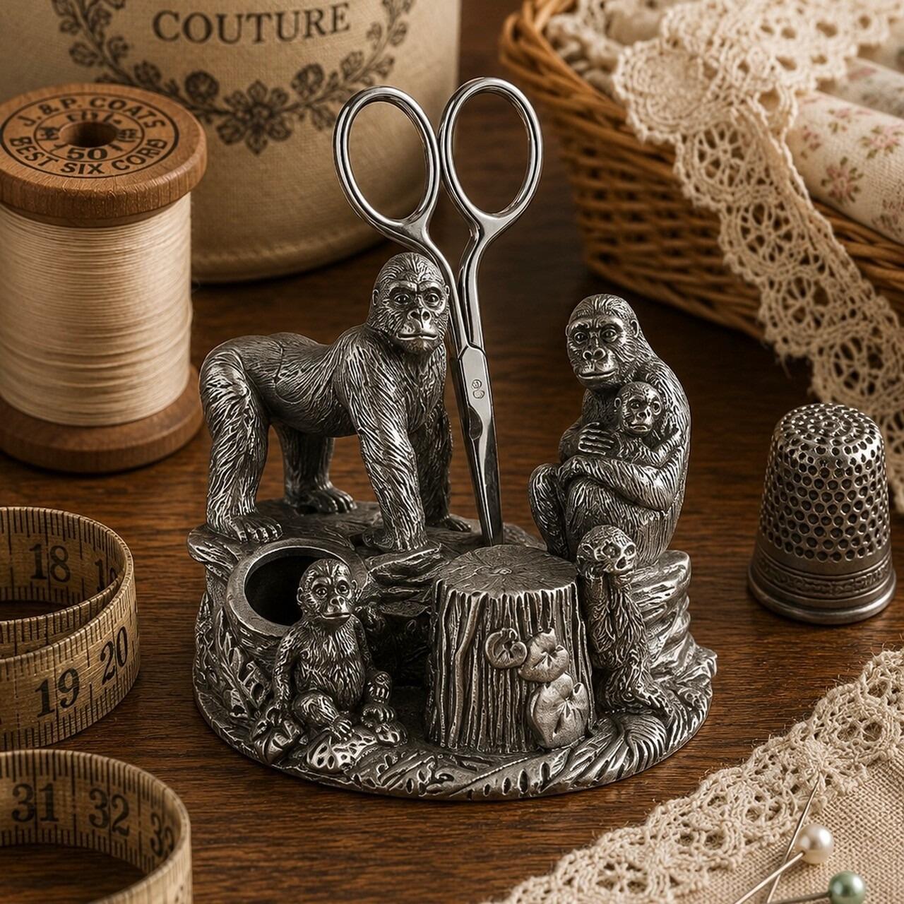 Vintage-style pewter gorilla sewing station featuring detailed gorilla figurines, a central scissor holder slot, a tree stump thimble stand, and a small round storage well