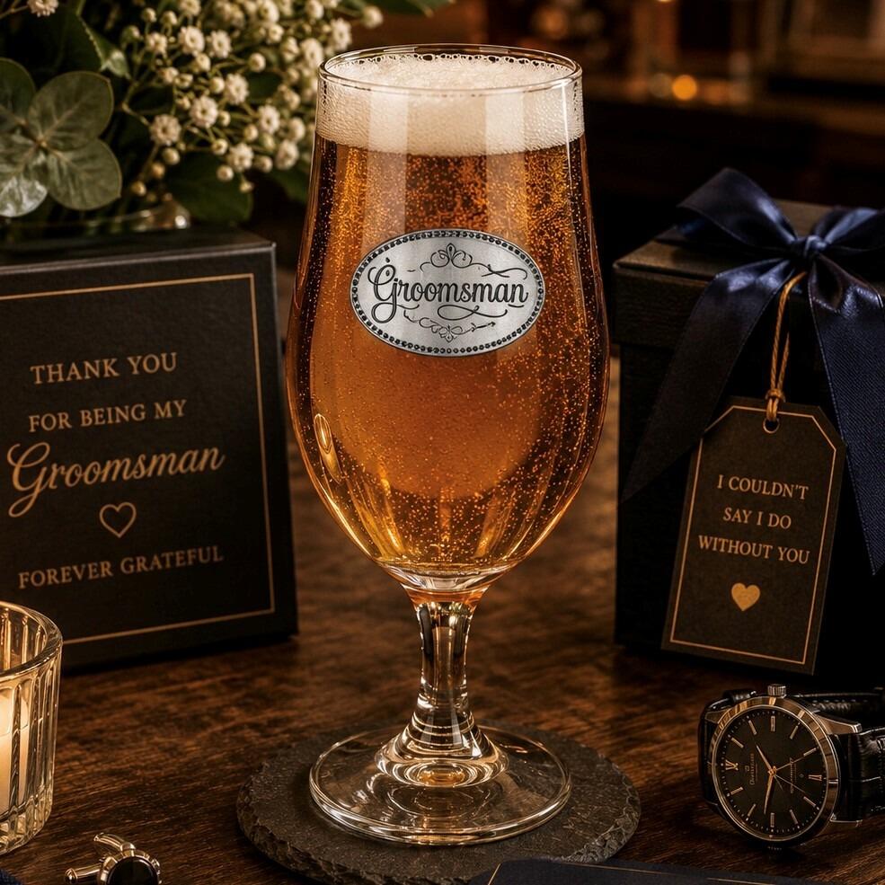 A Stemmed Pint Beer Glass with a Pewter Groomsman badge on the front, filled with Beer