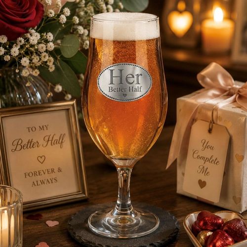 A Stemmed Pint Beer Glass with a Pewter Her Better Half badge on the front, filled with Beer