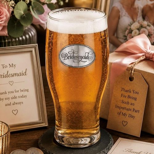 Pint glass with handmade pewter bridesmaid badge featuring elegant script lettering filled with golden beer
