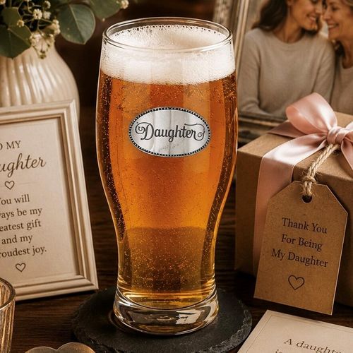 Pint glass with handmade pewter daughter badge featuring elegant script lettering filled with golden beer
