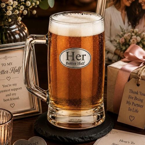 A Beer Tankard with a Pewter Her badge on the front, filled with Amber Beer