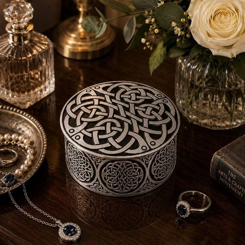 Round pewter trinket box featuring intricate Celtic knotwork and neverending interwoven designs