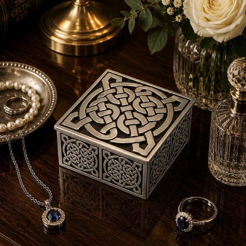 Square pewter trinket box featuring a continuous four-point Celtic knotwork pattern on the lid and sides
