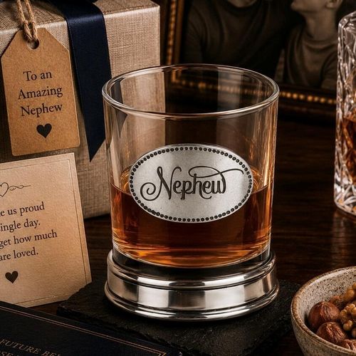 Whisky tumbler with pewter 'Nephew' badge and polished base, partially filled with amber liquid