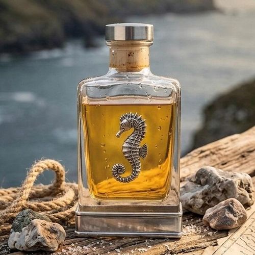 A glass flask with a pewter base and a handcrafted pewter seahorse emblem on the front